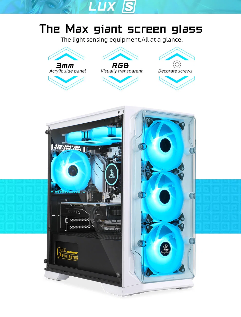 Black Matx Micro Case with USB 3.0 and 8*12mm RGB Fans, Dust-Proof Net, Acrylic Panels, HDD*2/HDD*1+SSD*1 +SSD*3, Gaming PC Case Computer Chassis