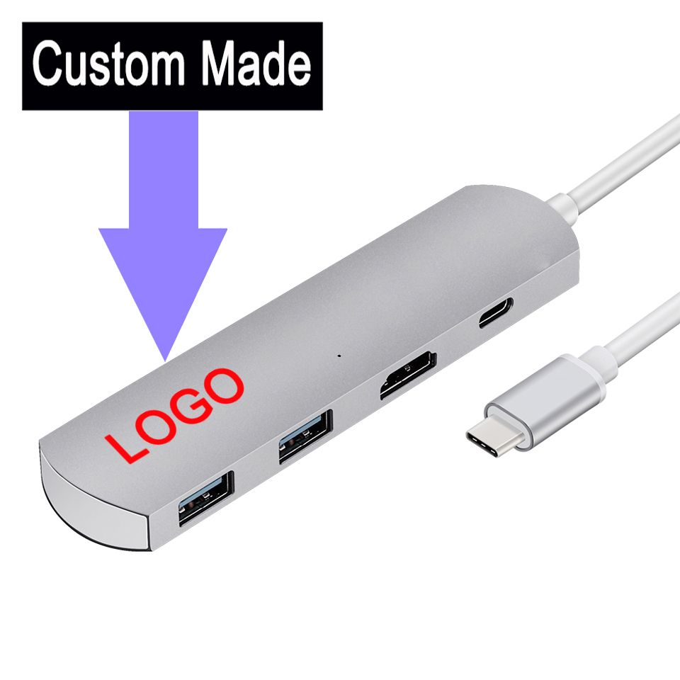 Custom Made Aluminium Type C USB C USB C Type LAN Hub to and 2 USB 3.0 HDMI Type-C in Support of Charging and Data Transmission