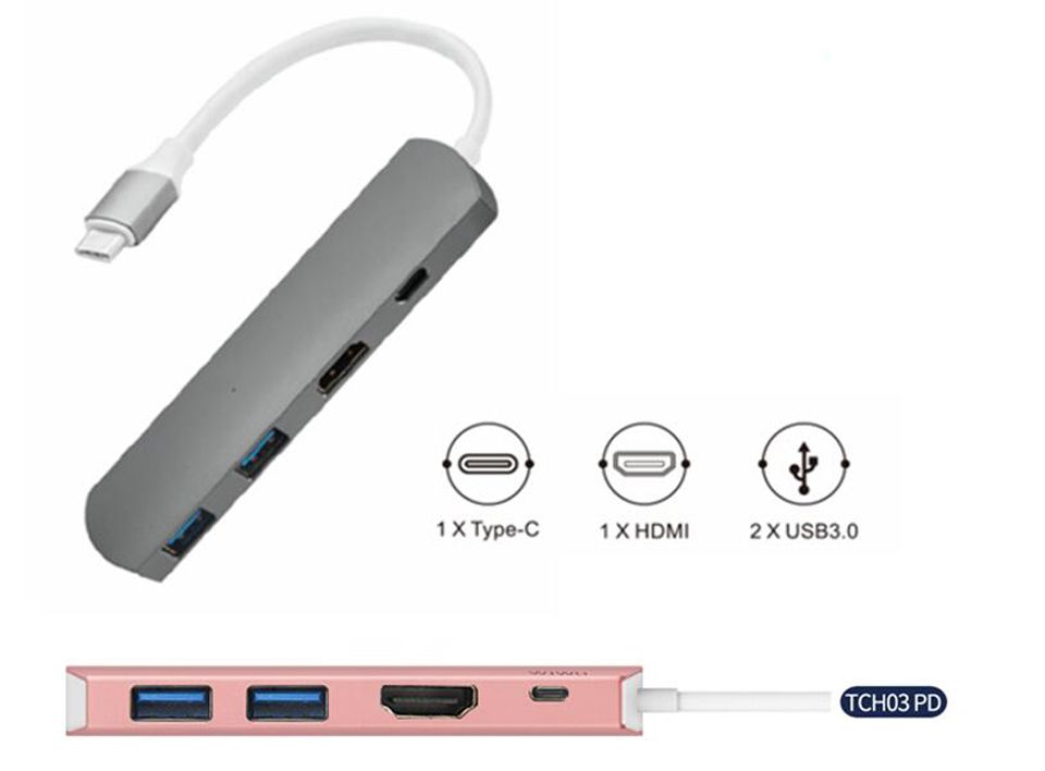 Custom Made Aluminium Type C USB C USB C Type LAN Hub to and 2 USB 3.0 HDMI Type-C in Support of Charging and Data Transmission