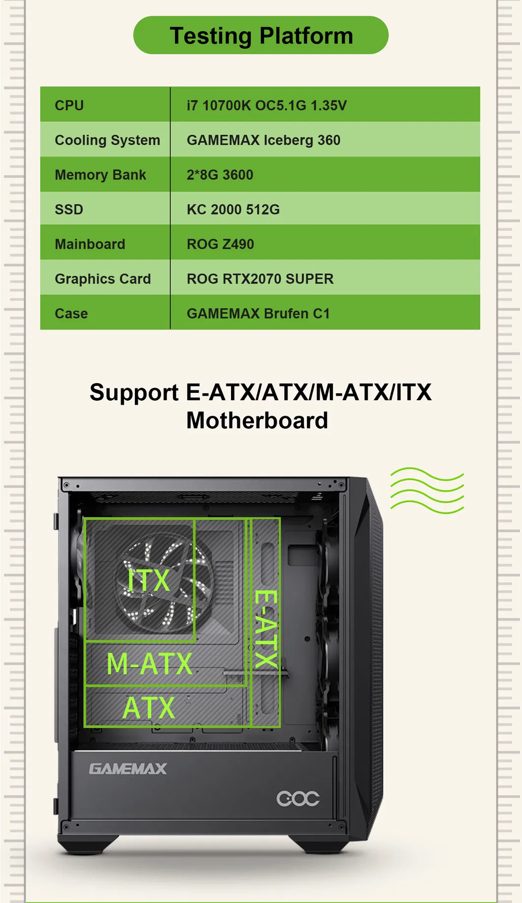 MID Tower ATX Gaming Case, Coc Cooling Fan, Computer PC Case for Rtx3090, Computer Parts