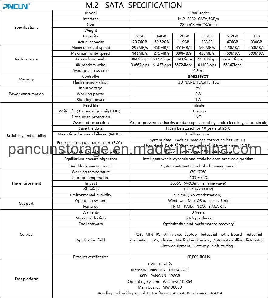 Pancun Manufacturer 256GB with Cache 3D Nand Tlc M.2 2280 SATA III 6GB/S Internal Solid State Drive SSD (Read/Write Speed up to 500/400 MB/s) Compatible with La