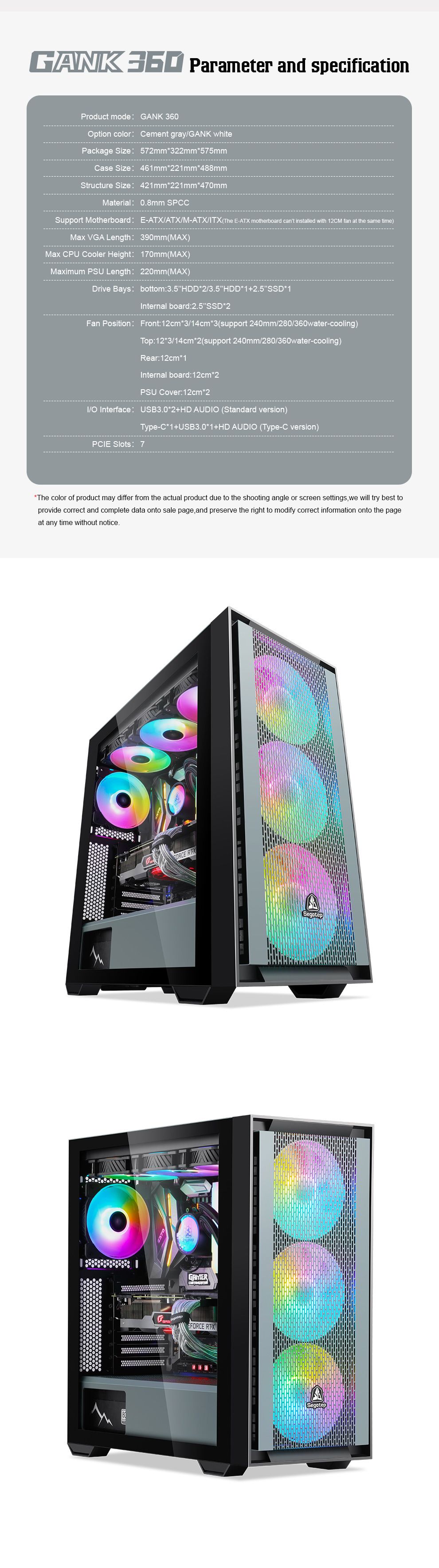Qatar- Bahra-360mm CPU Cooler -USB 3.0-ATX-Glass Panoramic Side -Meshes- Segotep-Gaming Computer PC Cases/Casing