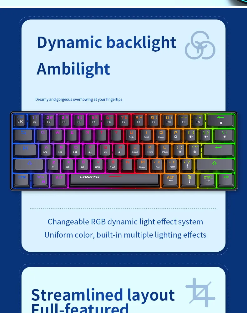 RGB 60% Gaming Keyboard PBT 61 Keys Mechanical Keyboard Teclado Clavier Wireless Bt5.0 Gaming Keyboards