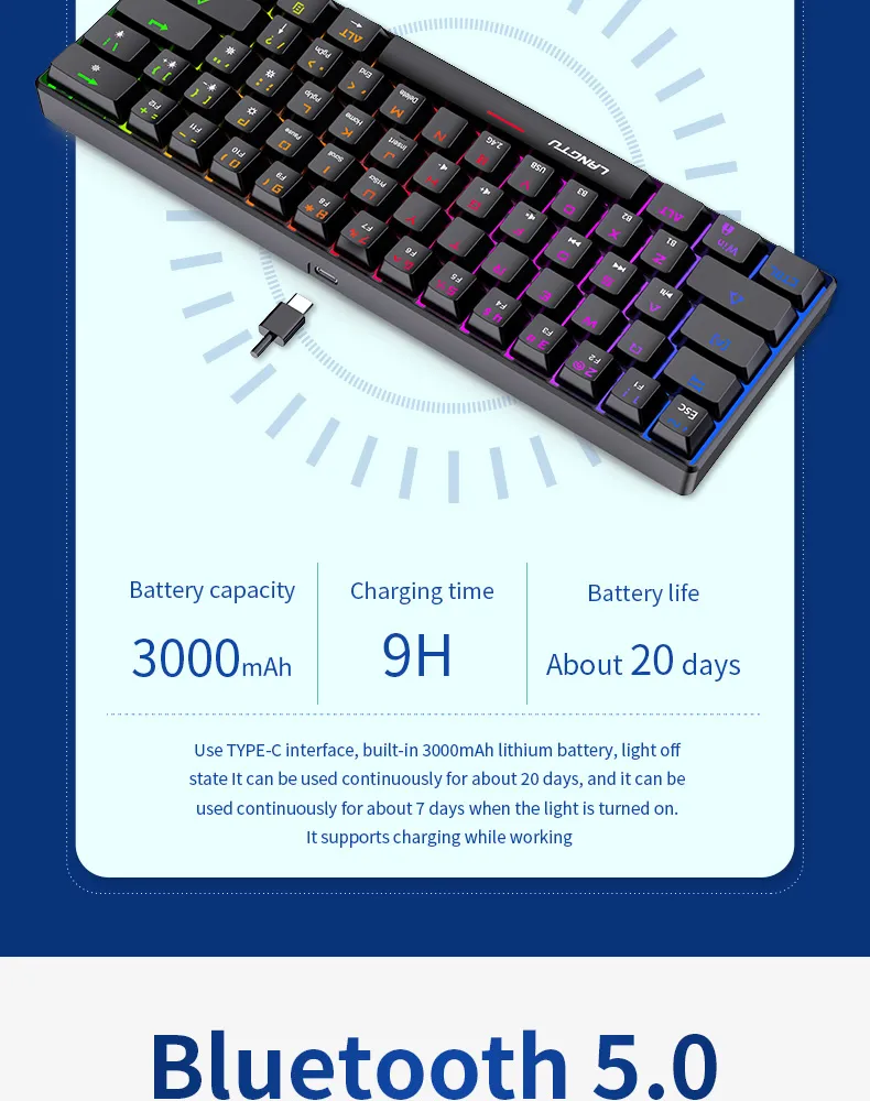 RGB 60% Gaming Keyboard PBT 61 Keys Mechanical Keyboard Teclado Clavier Wireless Bt5.0 Gaming Keyboards