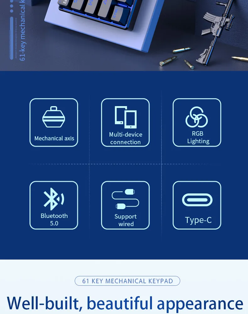 RGB 60% Gaming Keyboard PBT 61 Keys Mechanical Keyboard Teclado Clavier Wireless Bt5.0 Gaming Keyboards