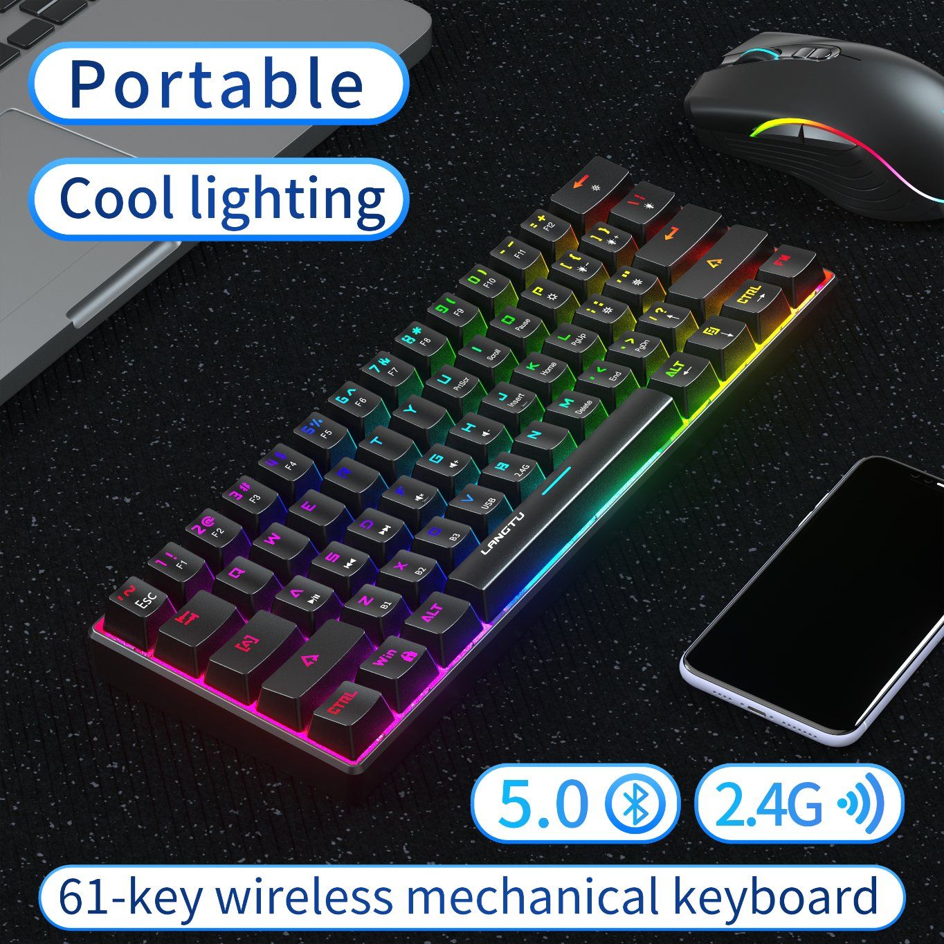 RGB 60% Gaming Keyboard PBT 61 Keys Mechanical Keyboard Teclado Clavier Wireless Bt5.0 Gaming Keyboards RGB 60% Gaming Keyboard PBT 61 Keys Mechanical Keyboard Teclado Clavier Wireless Bt5.0 Gaming Keyboards