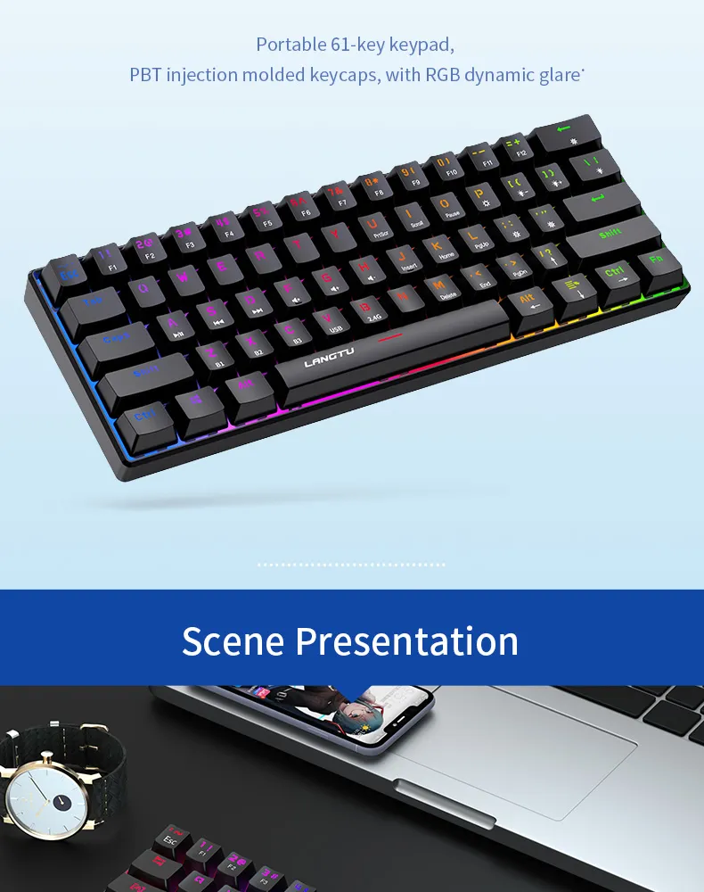RGB 60% Gaming Keyboard PBT 61 Keys Mechanical Keyboard Teclado Clavier Wireless Bt5.0 Gaming Keyboards