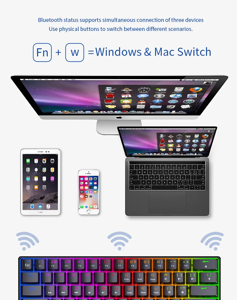 RGB 60% Gaming Keyboard PBT 61 Keys Mechanical Keyboard Teclado Clavier Wireless Bt5.0 Gaming Keyboards