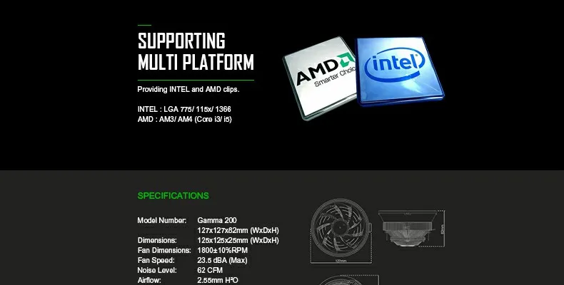 RGB Color CPU Air Cooler, Support Both Intel and AMD Cpus, Gamma200 by Gamemax