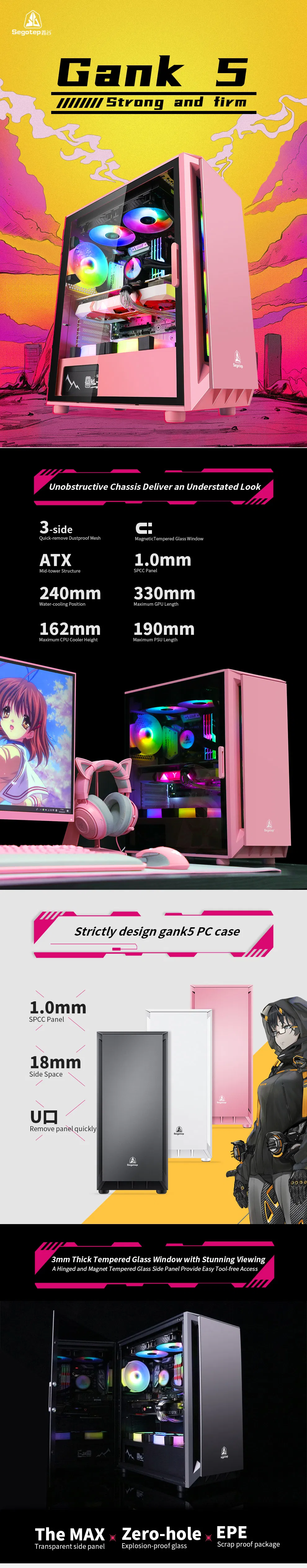 Segotep Export to-London-Tokyo-Carry 3070 3080-Graphics Card--ATX--Temper-Glass-Side-DIY-Pink-High Airflow -Computer PC-Cases Factory