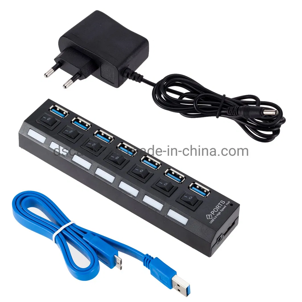 USB 3.0 7 Ports USB Hub with Switch with Power Adapter