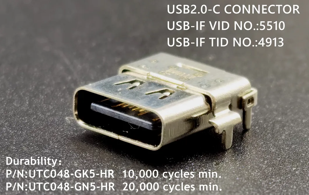 USB C-Type Female Connector, 16pin, SMT, USB-If Vid No.: 5510, USB-If Tid No.: 4913, Durability: 20, 000 Cycles Min. Contact Current Rating: 5A Max.