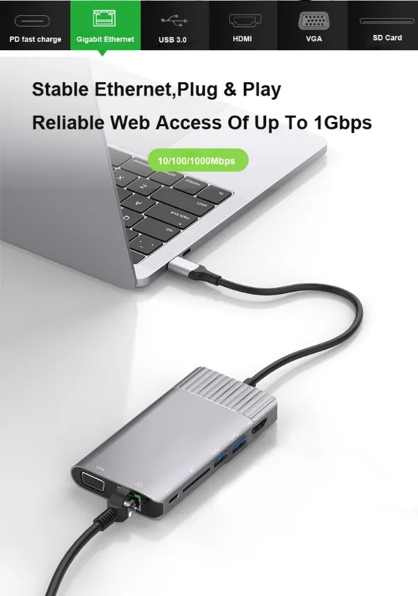 USB3.0 Hub Multi Function Type C Hub for MacBook 8 in 1 Type C Hub USB C to 4K HDMI SD/TF Card Reader Adapter