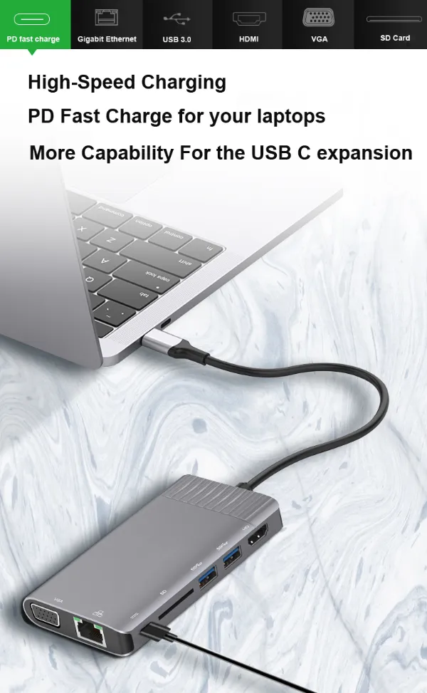 USB3.0 Hub Multi Function Type C Hub for MacBook 8 in 1 Type C Hub USB C to 4K HDMI SD/TF Card Reader Adapter